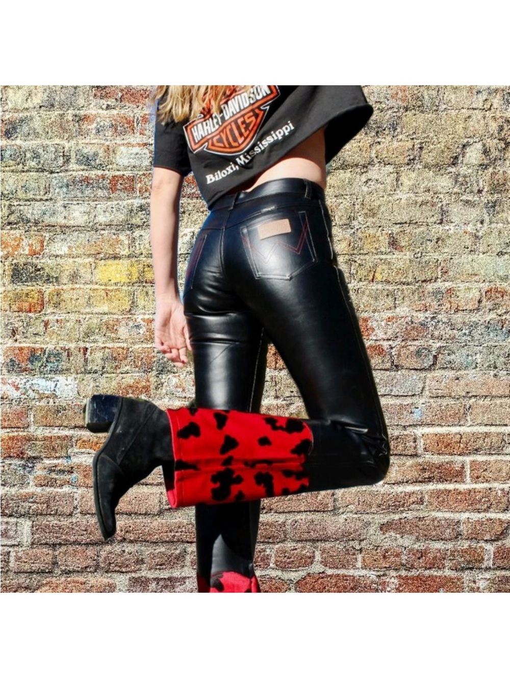 Rare Vintage Wrangler Black Vinyl Western Cow Print Studded Pants NWT 9x34